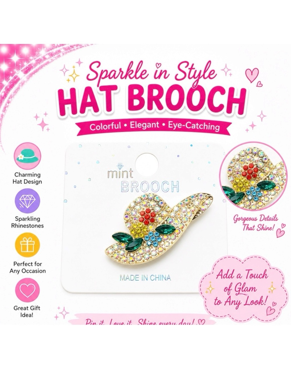 SPARKLE IN STYLE GOLD EMBELLISHED HAT BROOCH